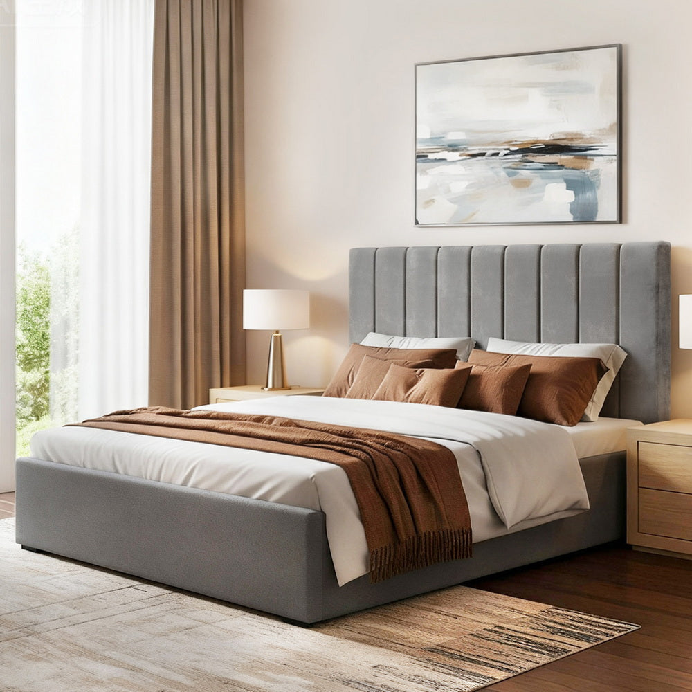 Artiss Double Bed Frame with Storage Grey Velvet Headboard Gas Lift Platform Base-Furniture > Bedroom > Beds &amp; Bed Frames-PEROZ Accessories