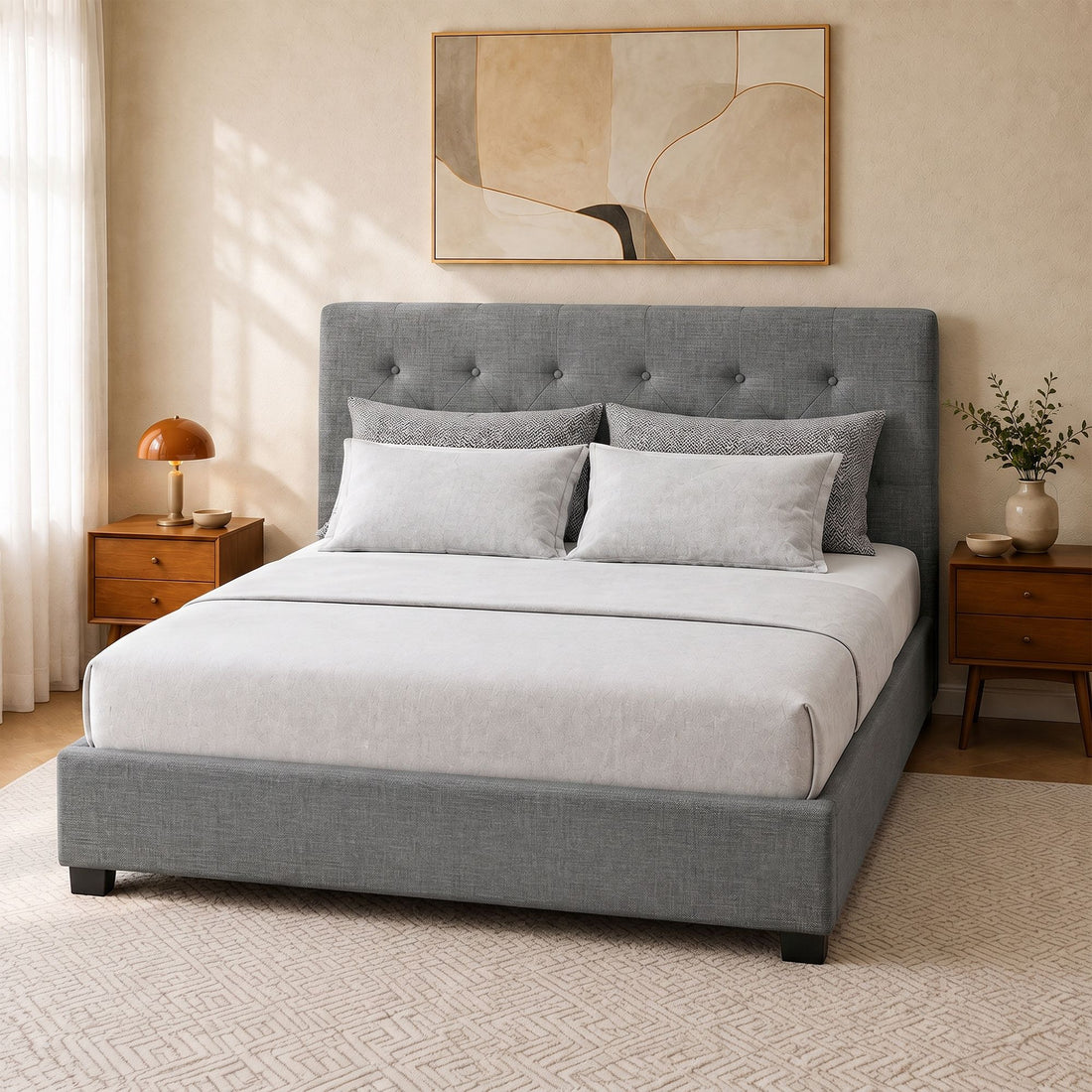 Artiss Vila Bed Frame Fabric Gas Lift Storage - Grey Double-Bed Frames-PEROZ Accessories