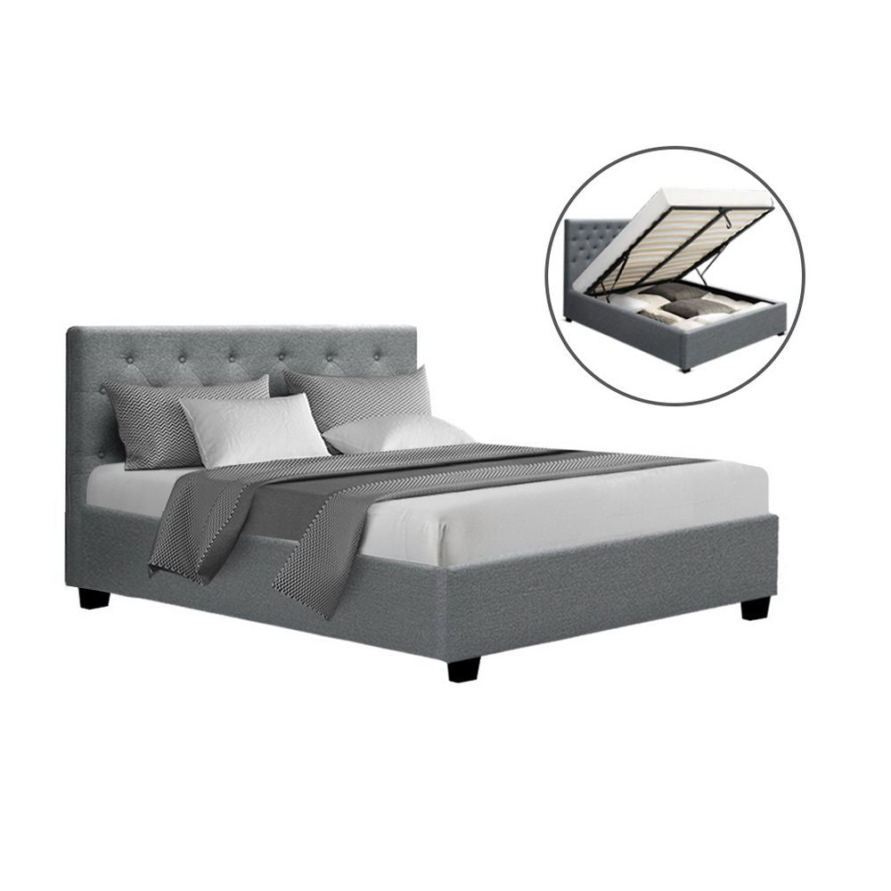 Artiss Vila Bed Frame Fabric Gas Lift Storage - Grey Double-Bed Frames-PEROZ Accessories