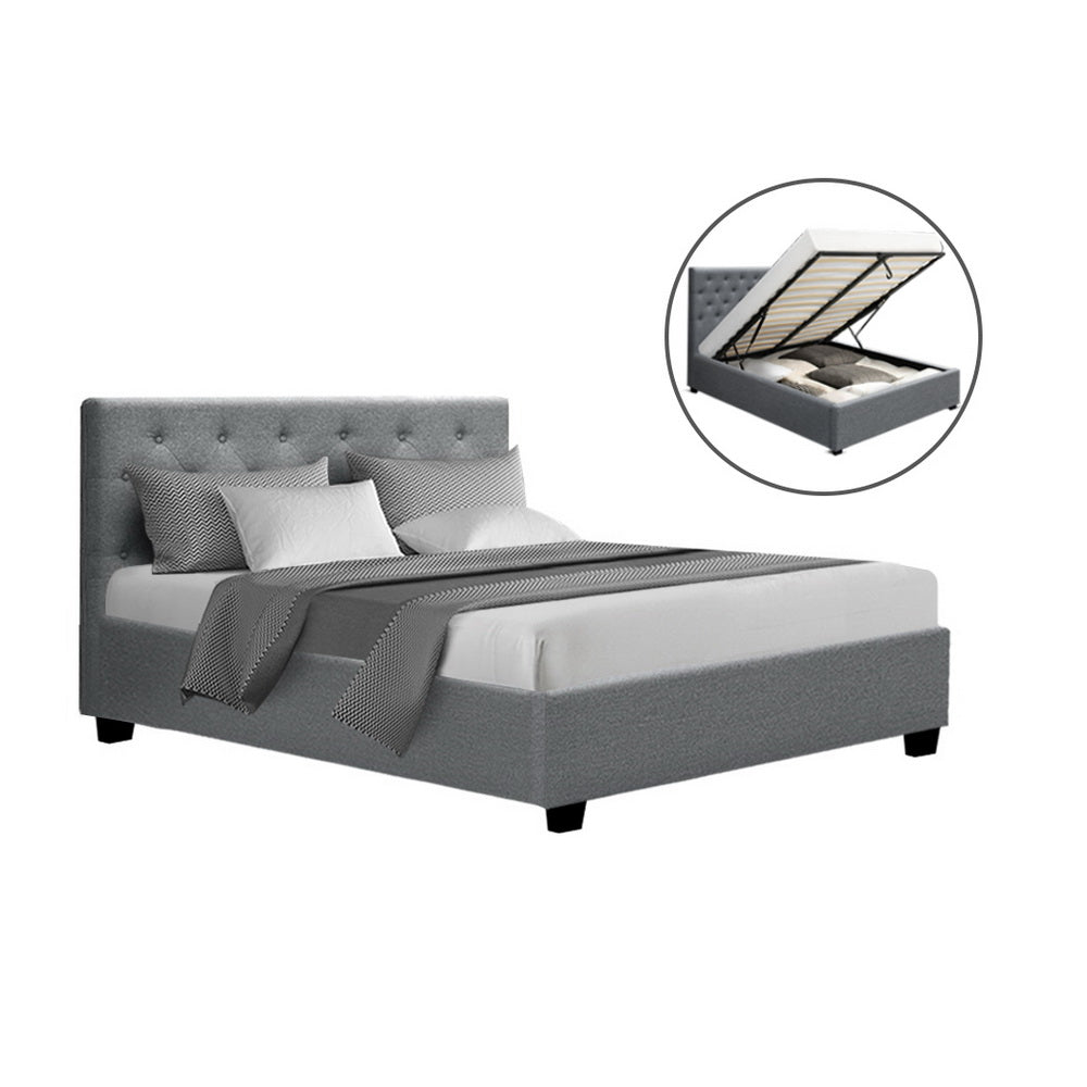 Artiss Vila Bed Frame Fabric Gas Lift Storage - Grey Double-Bed Frames-PEROZ Accessories