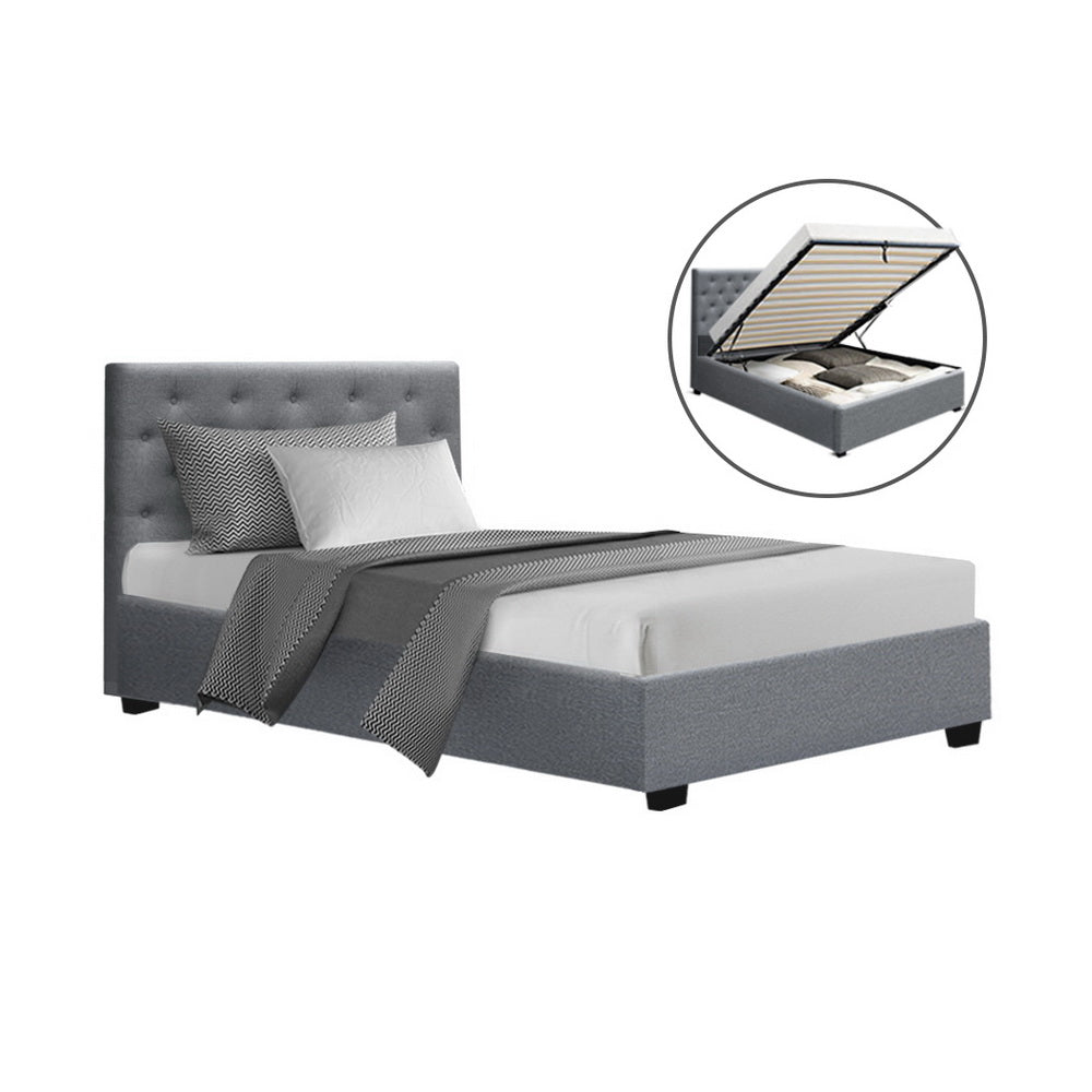 Artiss Vila Bed Frame Fabric Gas Lift Storage - Grey King Single-Bed Frames-PEROZ Accessories