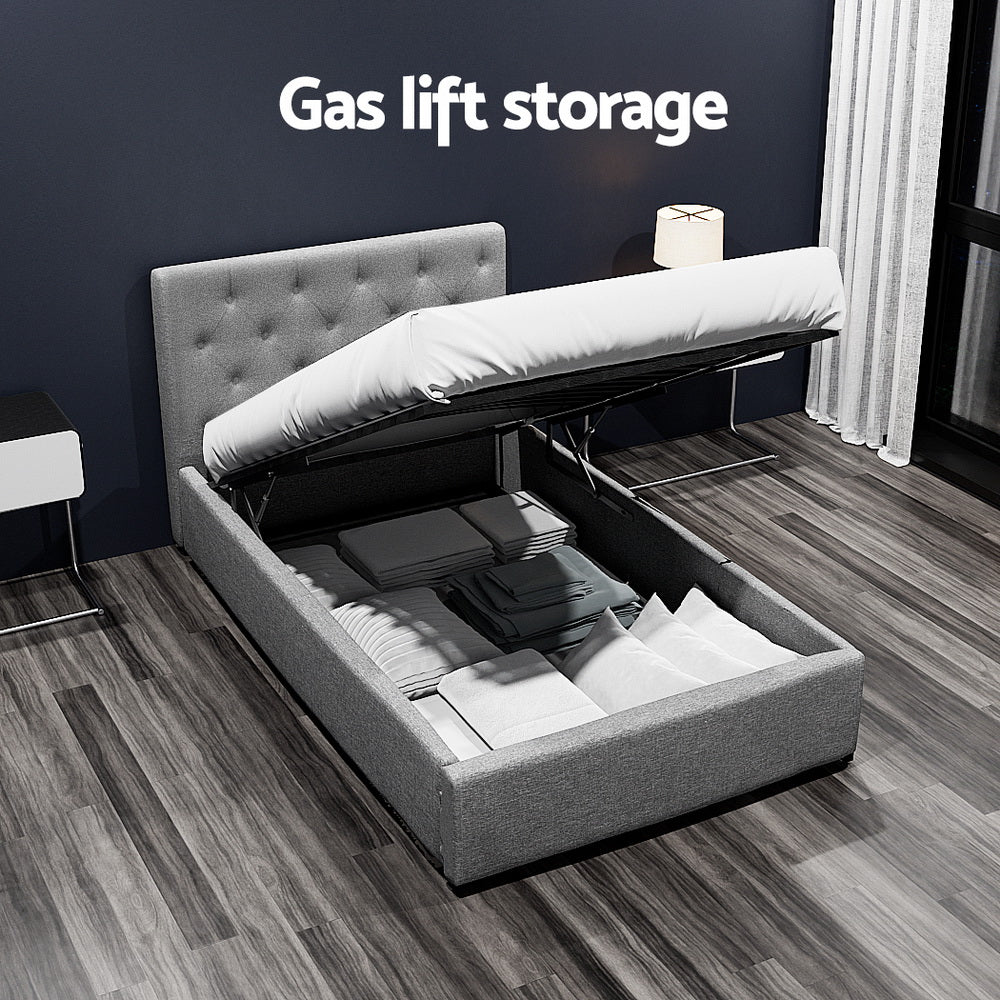 Artiss Vila Bed Frame Fabric Gas Lift Storage - Grey King Single-Bed Frames-PEROZ Accessories