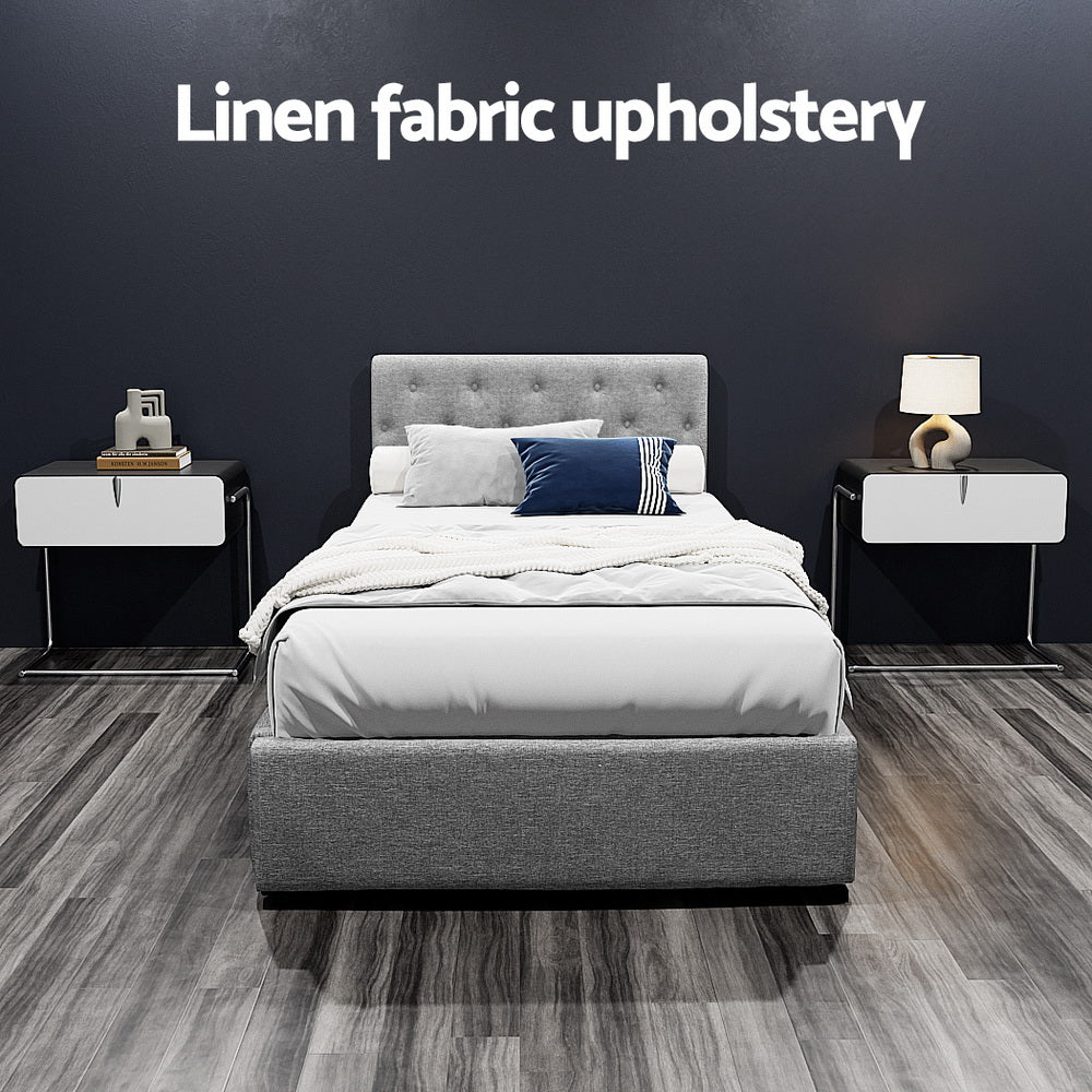 Artiss Vila Bed Frame Fabric Gas Lift Storage - Grey King Single-Bed Frames-PEROZ Accessories