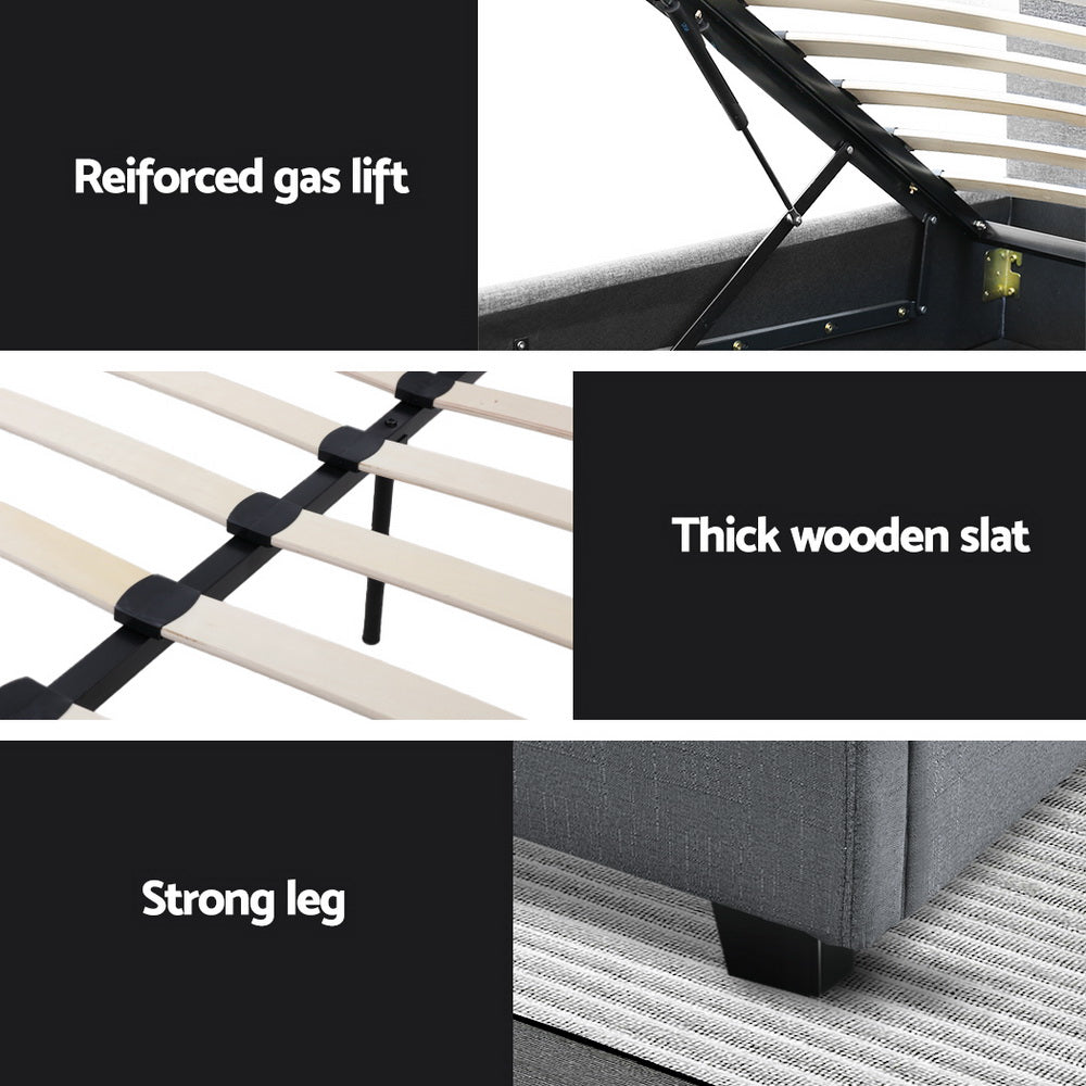 Artiss Vila Bed Frame Fabric Gas Lift Storage - Grey King Single-Bed Frames-PEROZ Accessories