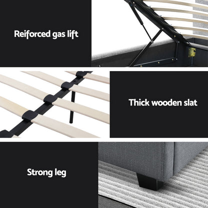 Artiss Vila Bed Frame Fabric Gas Lift Storage - Grey King Single-Bed Frames-PEROZ Accessories