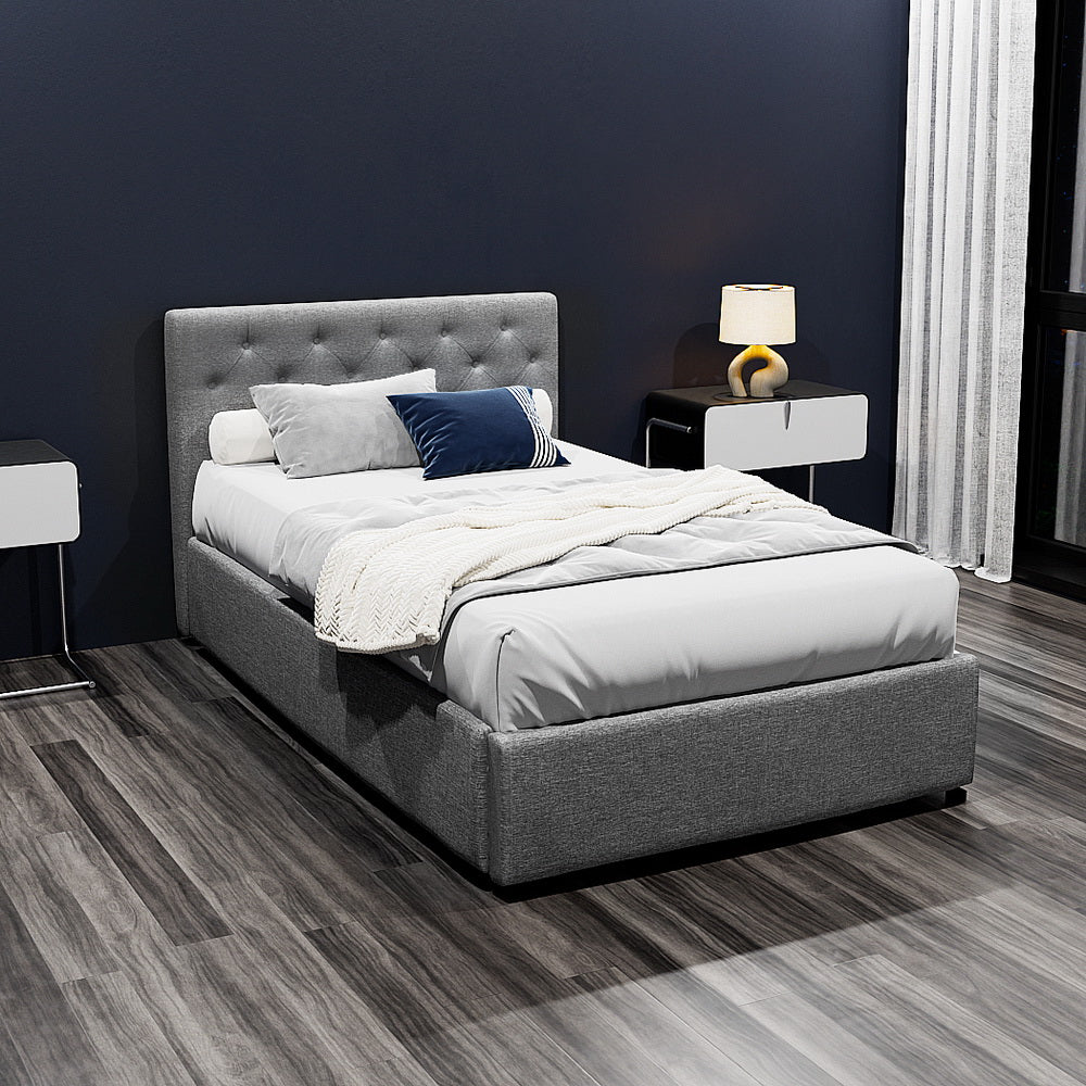 Artiss Vila Bed Frame Fabric Gas Lift Storage - Grey King Single-Bed Frames-PEROZ Accessories