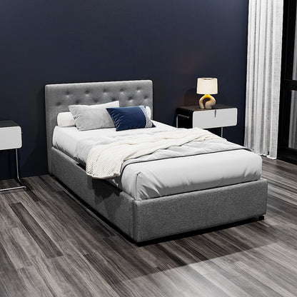 Artiss Vila Bed Frame Fabric Gas Lift Storage - Grey King Single-Bed Frames-PEROZ Accessories