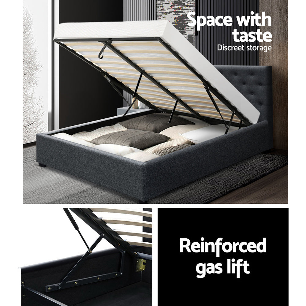 Artiss Vila Bed Frame Fabric Gas Lift Storage - Charcoal Queen-Bed Frames-PEROZ Accessories