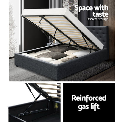 Artiss Vila Bed Frame Fabric Gas Lift Storage - Charcoal Queen-Bed Frames-PEROZ Accessories