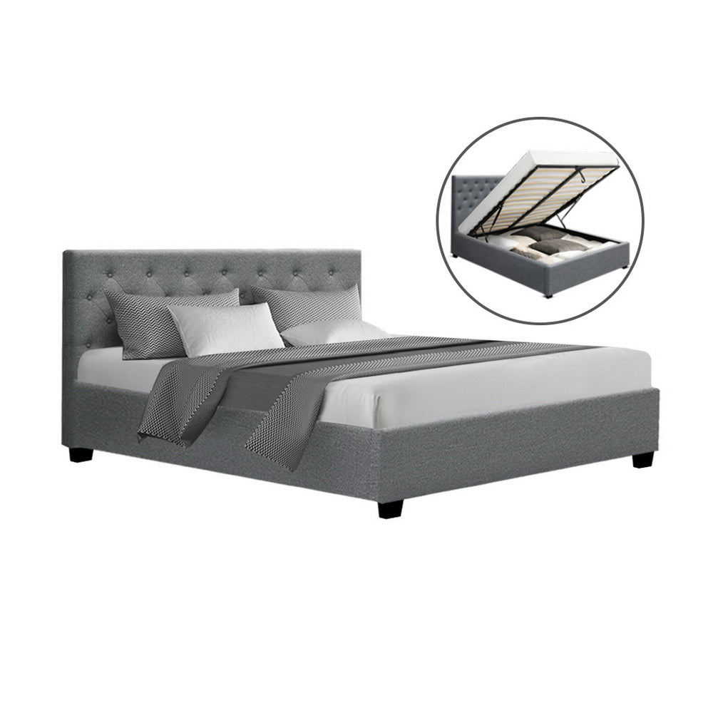 Artiss Vila Bed Frame Fabric Gas Lift Storage - Grey Queen-Furniture &gt; Bedroom-PEROZ Accessories