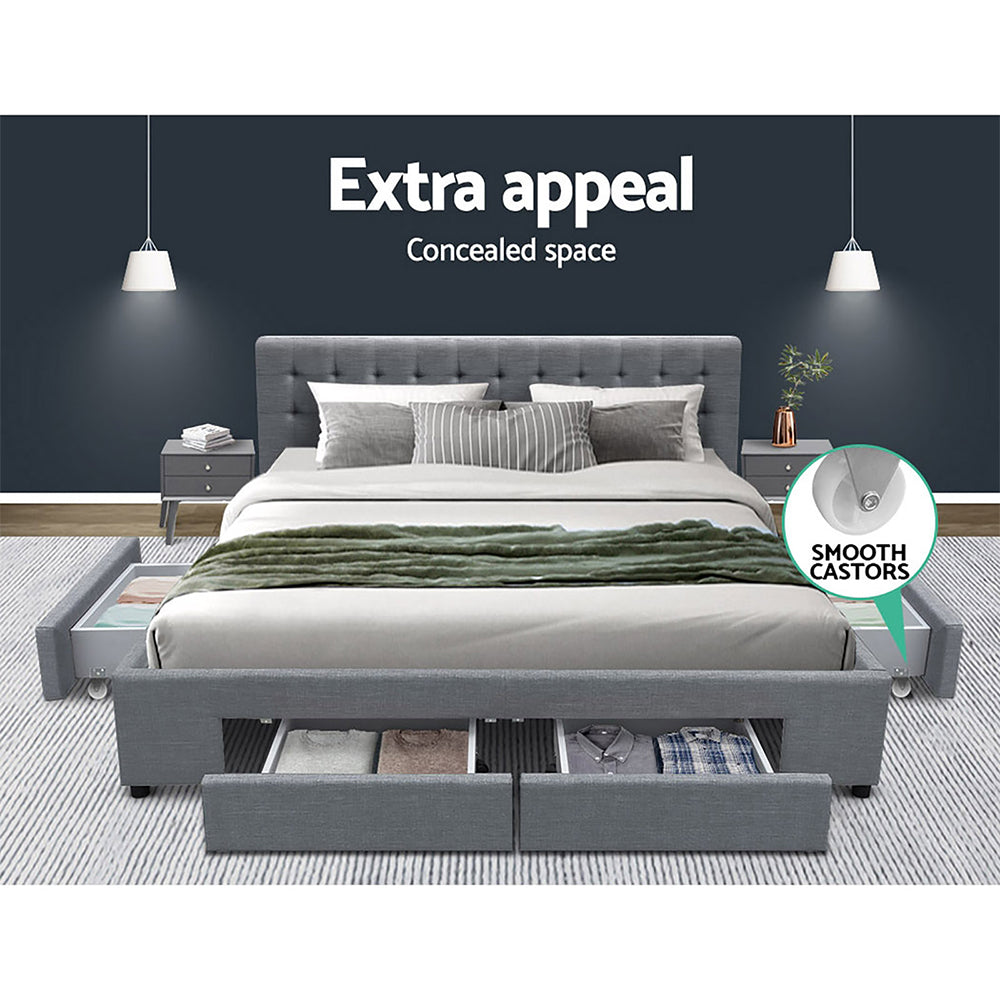 Artiss Avio Bed Frame Fabric Storage Drawers - Grey King-Bed Frames-PEROZ Accessories