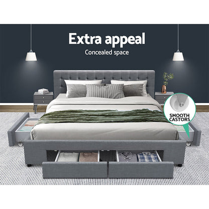 Artiss Avio Bed Frame Fabric Storage Drawers - Grey King-Bed Frames-PEROZ Accessories