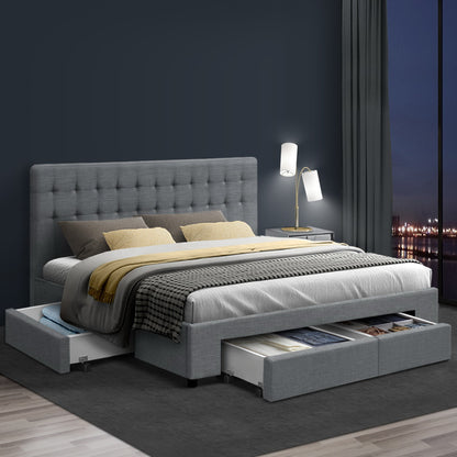 Artiss Avio Bed Frame Fabric Storage Drawers - Grey King-Bed Frames-PEROZ Accessories