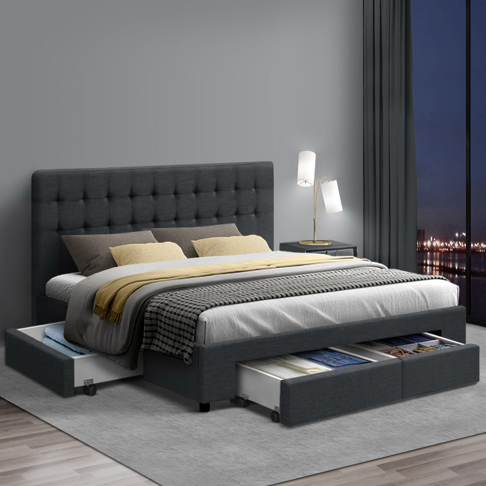 Artiss Avio Bed Frame Fabric Storage Drawers - Charcoal Queen-Bed Frames-PEROZ Accessories