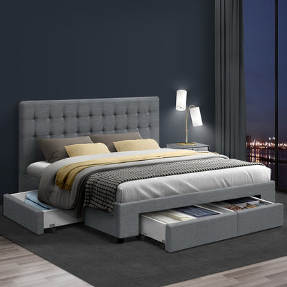 Artiss Avio Bed Frame Fabric Storage Drawers - Grey Queen-Bed Frames-PEROZ Accessories