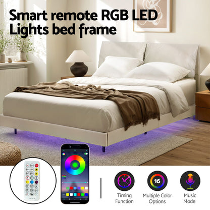 Artiss Double Bed Frame RGB LED Floating Beds Adjustable Headboard Beige White-Furniture > Bedroom > Beds &amp; Bed Frames-PEROZ Accessories