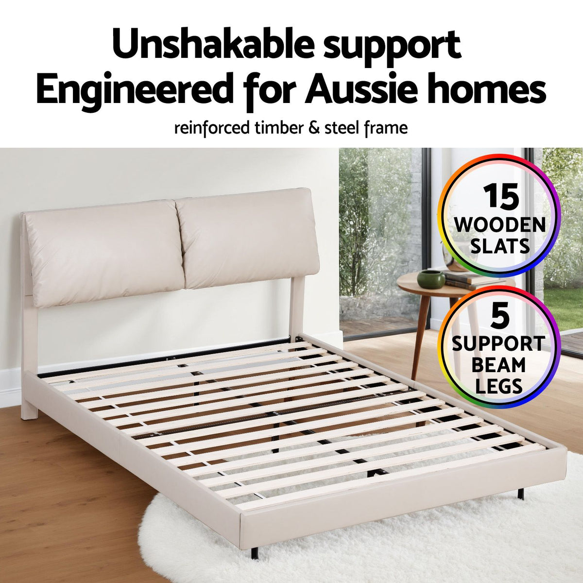Artiss Double Bed Frame RGB LED Floating Beds Adjustable Headboard Beige White-Furniture > Bedroom > Beds &amp; Bed Frames-PEROZ Accessories