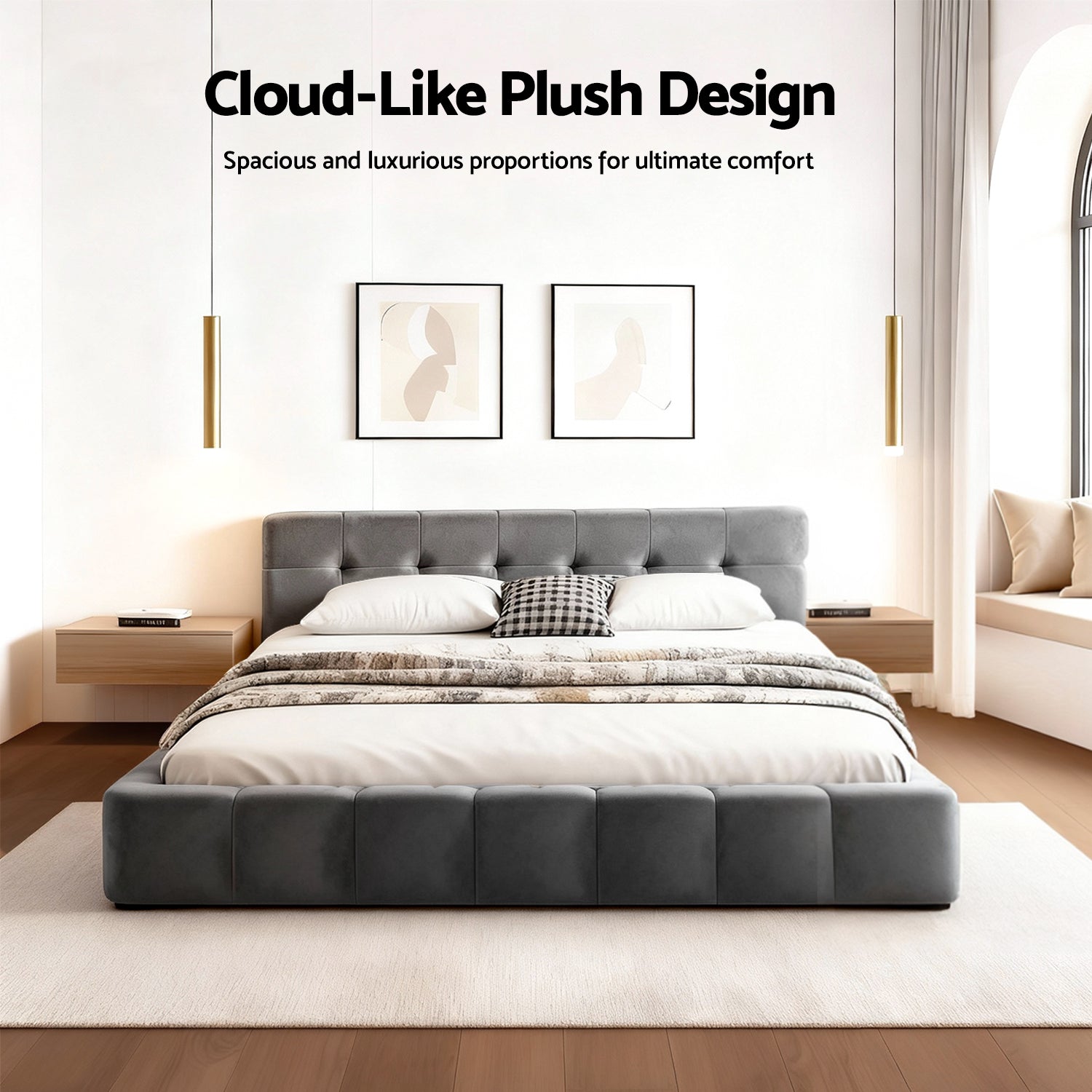 Artiss Double Size Bed Frame Plush Soft Headboard Velvet Platform Base for Modern Bedrooms Grey-Furniture &gt; Bedroom &gt; Beds &amp; Bed Frames-PEROZ Accessories