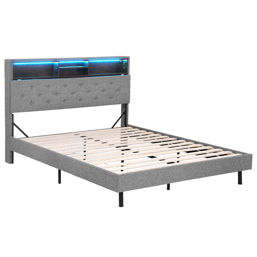 Artiss Bed Frame Double Size LED Mattress Base Platform with Storage Shelf Hidden Storage Box Grey-Furniture &gt; Bedroom &gt; Beds &amp; Bed Frames-PEROZ Accessories