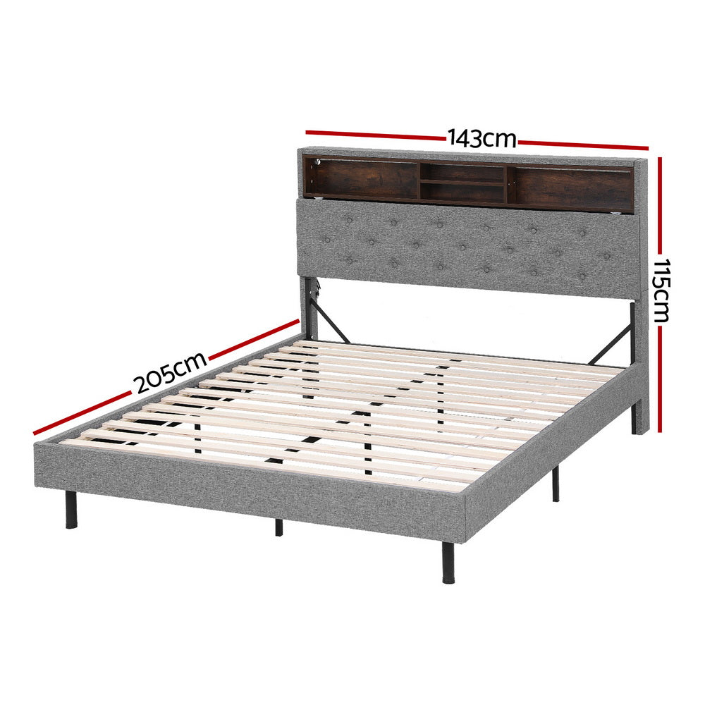 Artiss Bed Frame Double Size LED Mattress Base Platform with Storage Shelf Hidden Storage Box Grey-Furniture &gt; Bedroom &gt; Beds &amp; Bed Frames-PEROZ Accessories