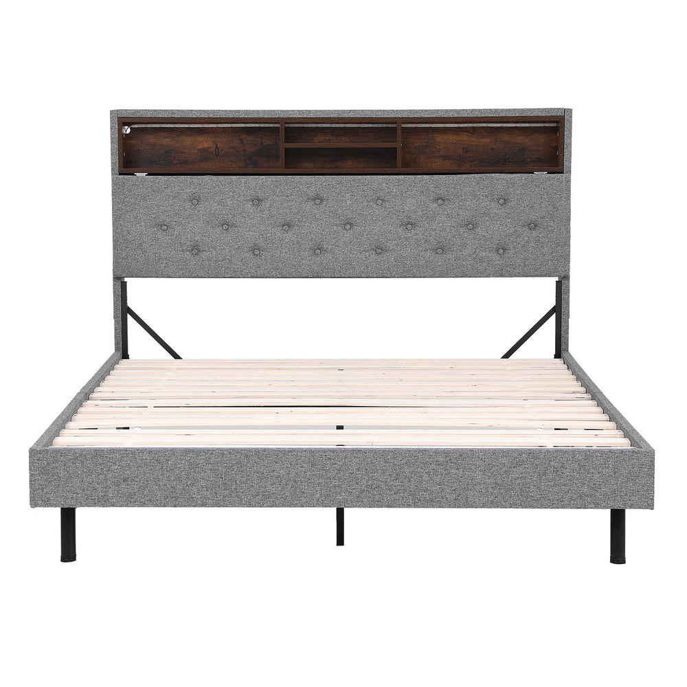 Artiss Bed Frame Double Size LED Mattress Base Platform with Storage Shelf Hidden Storage Box Grey-Furniture &gt; Bedroom &gt; Beds &amp; Bed Frames-PEROZ Accessories