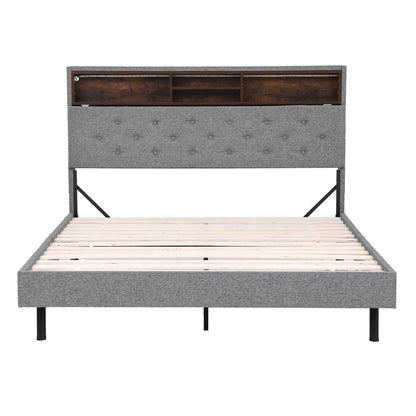 Artiss Bed Frame Double Size LED Mattress Base Platform with Storage Shelf Hidden Storage Box Grey-Furniture &gt; Bedroom &gt; Beds &amp; Bed Frames-PEROZ Accessories