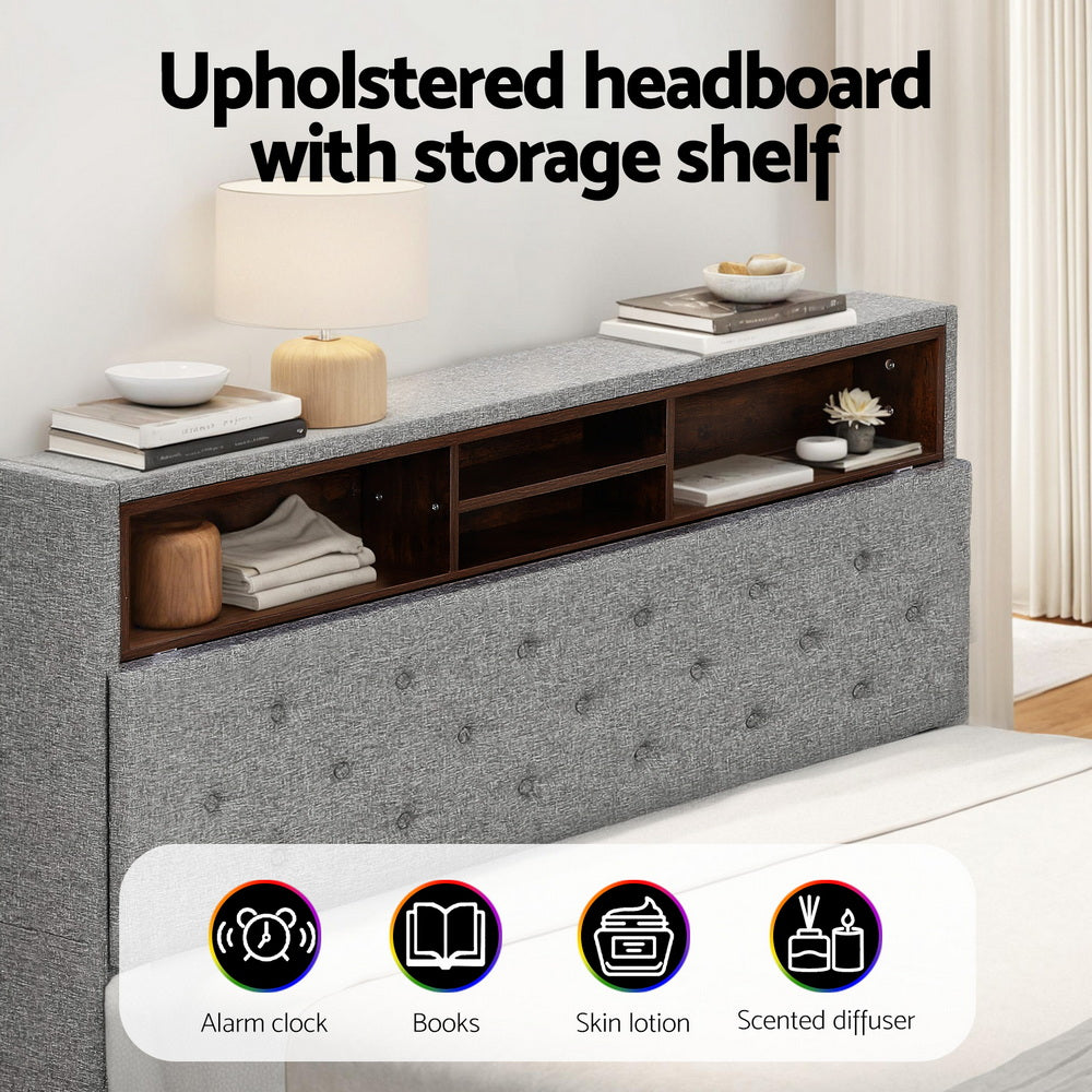 Artiss Bed Frame Double Size LED Mattress Base Platform with Storage Shelf Hidden Storage Box Grey-Furniture &gt; Bedroom &gt; Beds &amp; Bed Frames-PEROZ Accessories
