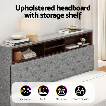 Artiss Bed Frame Double Size LED Mattress Base Platform with Storage Shelf Hidden Storage Box Grey-Furniture &gt; Bedroom &gt; Beds &amp; Bed Frames-PEROZ Accessories