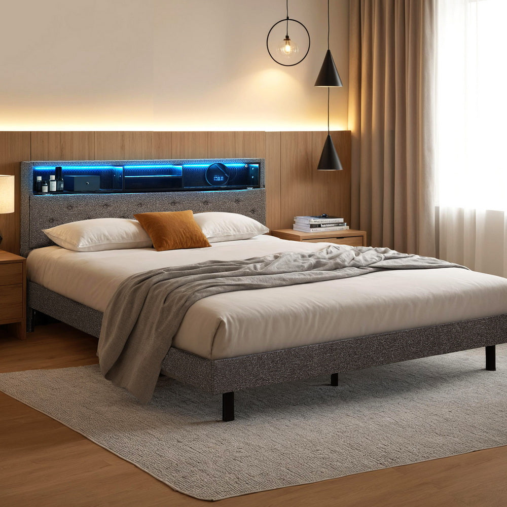 Artiss Bed Frame Double Size LED Mattress Base Platform with Storage Shelf Hidden Storage Box Grey-Furniture &gt; Bedroom &gt; Beds &amp; Bed Frames-PEROZ Accessories