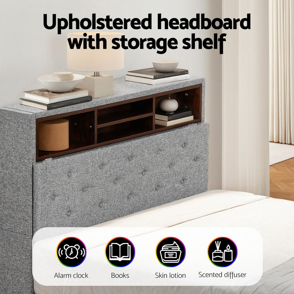Artiss Bed Frame King Single Size LED Mattress Base Platform with Storage Shelf Hidden Storage Box Grey-Furniture &gt; Bedroom &gt; Beds &amp; Bed Frames-PEROZ Accessories
