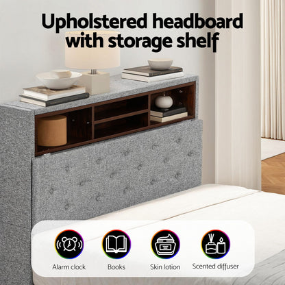 Artiss Bed Frame King Single Size LED Mattress Base Platform with Storage Shelf Hidden Storage Box Grey-Furniture &gt; Bedroom &gt; Beds &amp; Bed Frames-PEROZ Accessories