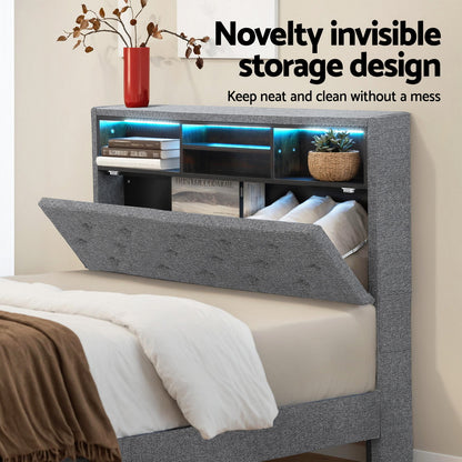 Artiss Bed Frame King Single Size LED Mattress Base Platform with Storage Shelf Hidden Storage Box Grey-Furniture &gt; Bedroom &gt; Beds &amp; Bed Frames-PEROZ Accessories