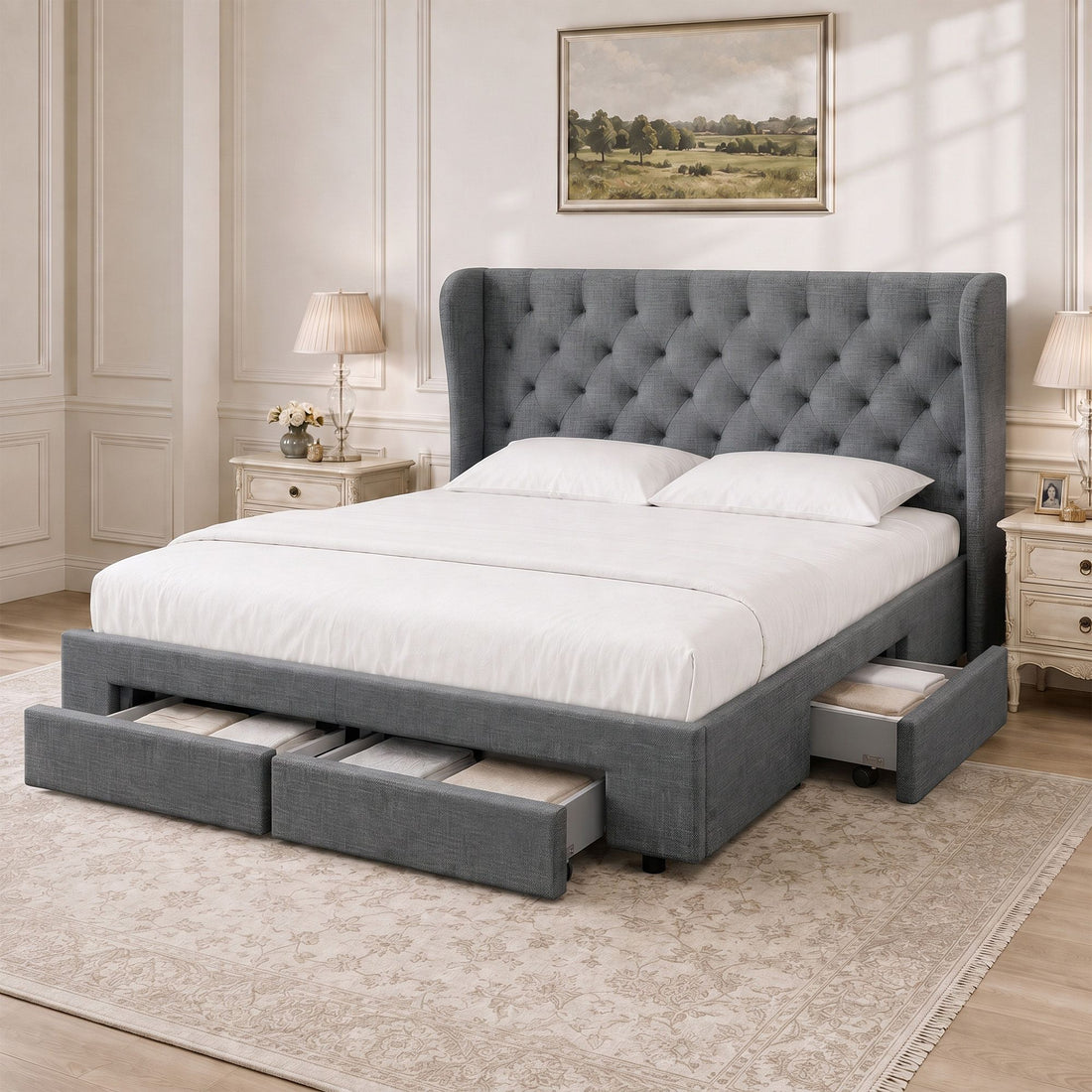 Artiss Mila Bed Frame Storage Drawers Fabric - Charcoal King-Bed Frames-PEROZ Accessories