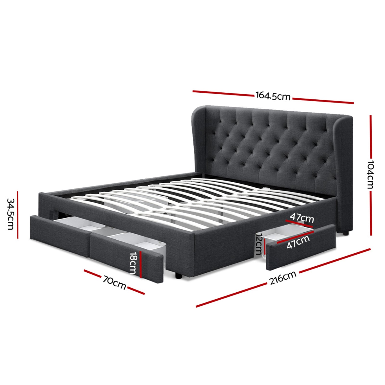 Artiss Mila Bed Frame Storage Drawers Fabric - Charcoal Queen-Bed Frames-PEROZ Accessories