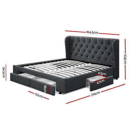Artiss Mila Bed Frame Storage Drawers Fabric - Charcoal Queen-Bed Frames-PEROZ Accessories