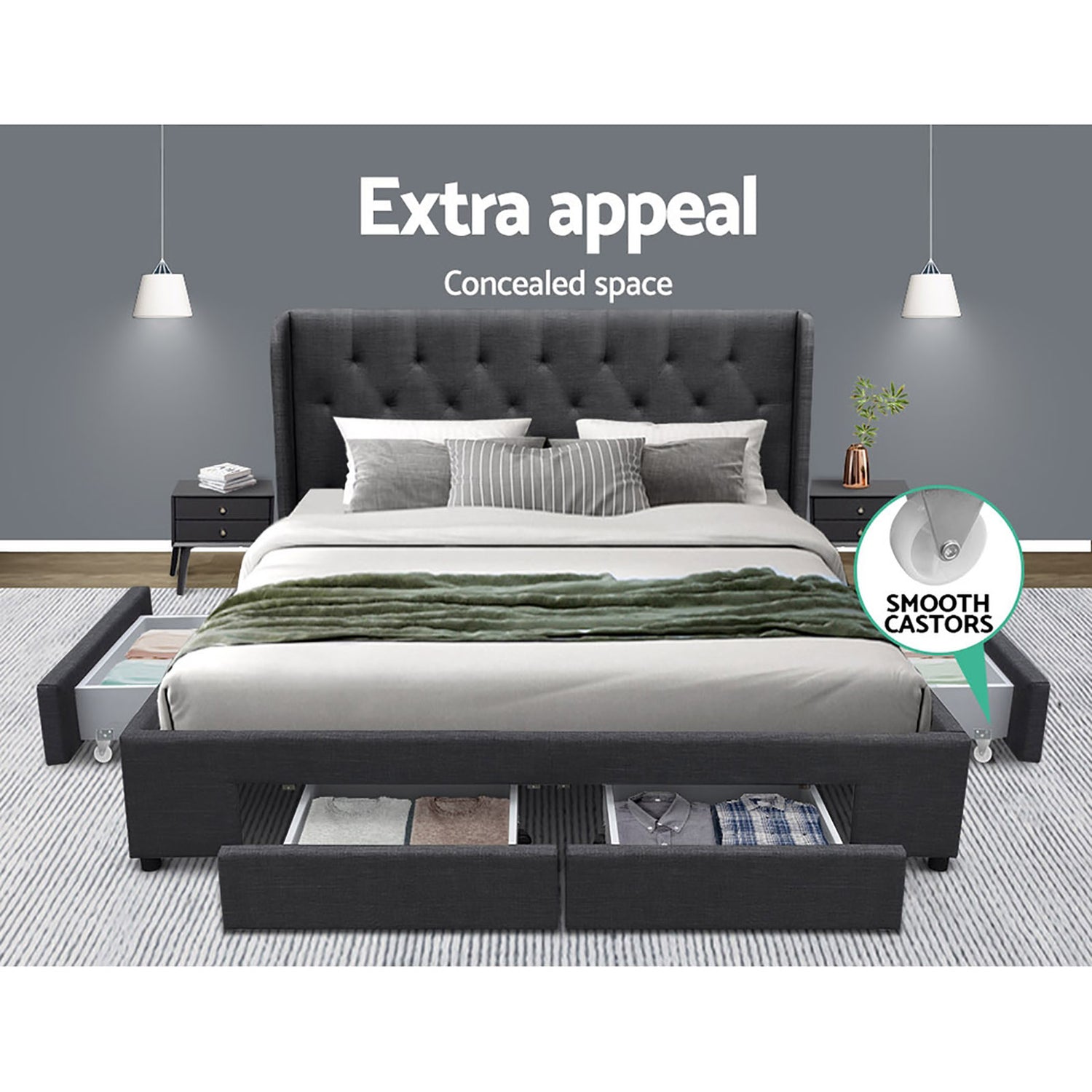 Artiss Mila Bed Frame Storage Drawers Fabric - Charcoal Queen-Bed Frames-PEROZ Accessories