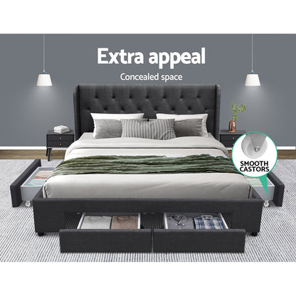 Artiss Mila Bed Frame Storage Drawers Fabric - Charcoal Queen-Bed Frames-PEROZ Accessories