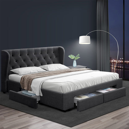 Artiss Mila Bed Frame Storage Drawers Fabric - Charcoal Queen-Bed Frames-PEROZ Accessories