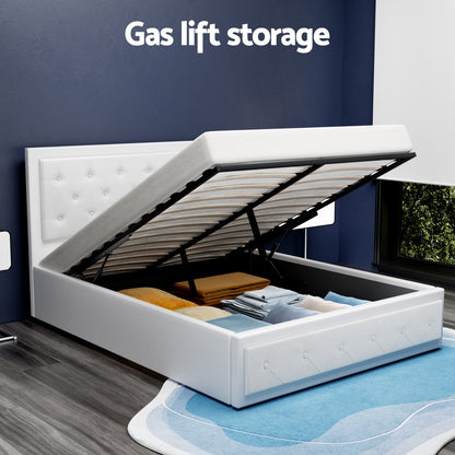 Artiss Tiyo Bed Frame PU Leather Gas Lift Storage - White Double-Bed Frames-PEROZ Accessories