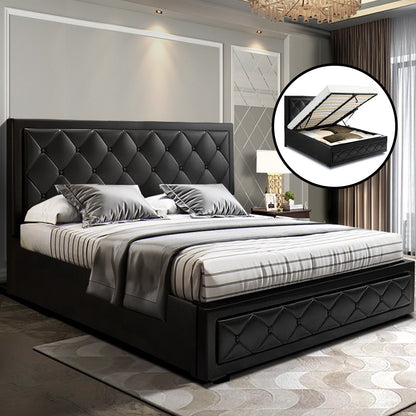 Artiss Bed Frame Double Size Gas Lift Base With Storage Black Leather Tiyo Collection-Bed Frames-PEROZ Accessories