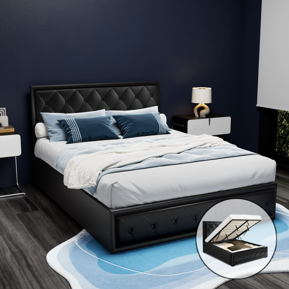 Artiss Bed Frame Double Size Gas Lift Base With Storage Black Leather Tiyo Collection-Bed Frames-PEROZ Accessories