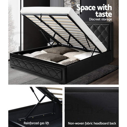Artiss Tiyo Bed Frame PU Leather Gas Lift Storage - Black King-Bed Frames-PEROZ Accessories