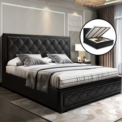 Artiss Tiyo Bed Frame PU Leather Gas Lift Storage - Black King-Bed Frames-PEROZ Accessories