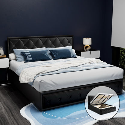 Artiss Tiyo Bed Frame PU Leather Gas Lift Storage - Black King-Bed Frames-PEROZ Accessories