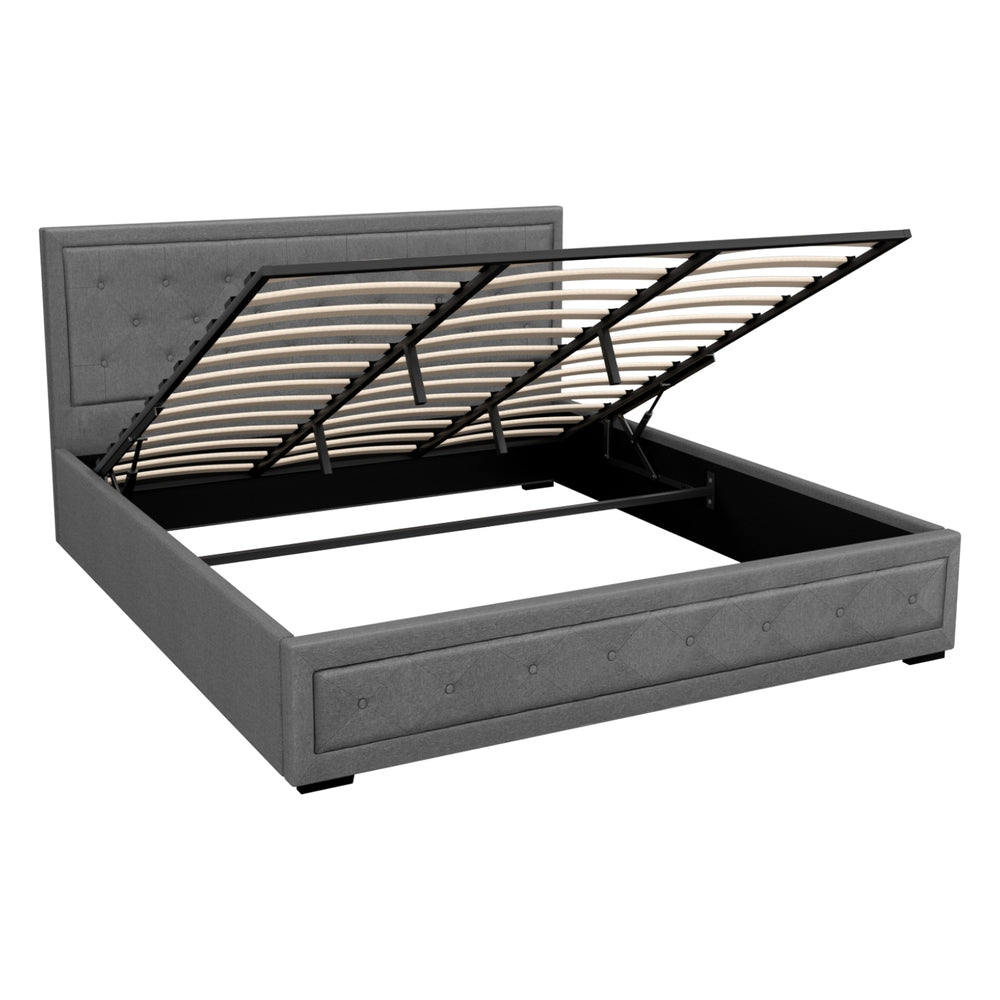Artiss Tiyo Bed Frame Fabric Gas Lift Storage - Grey King-Bed Frames-PEROZ Accessories
