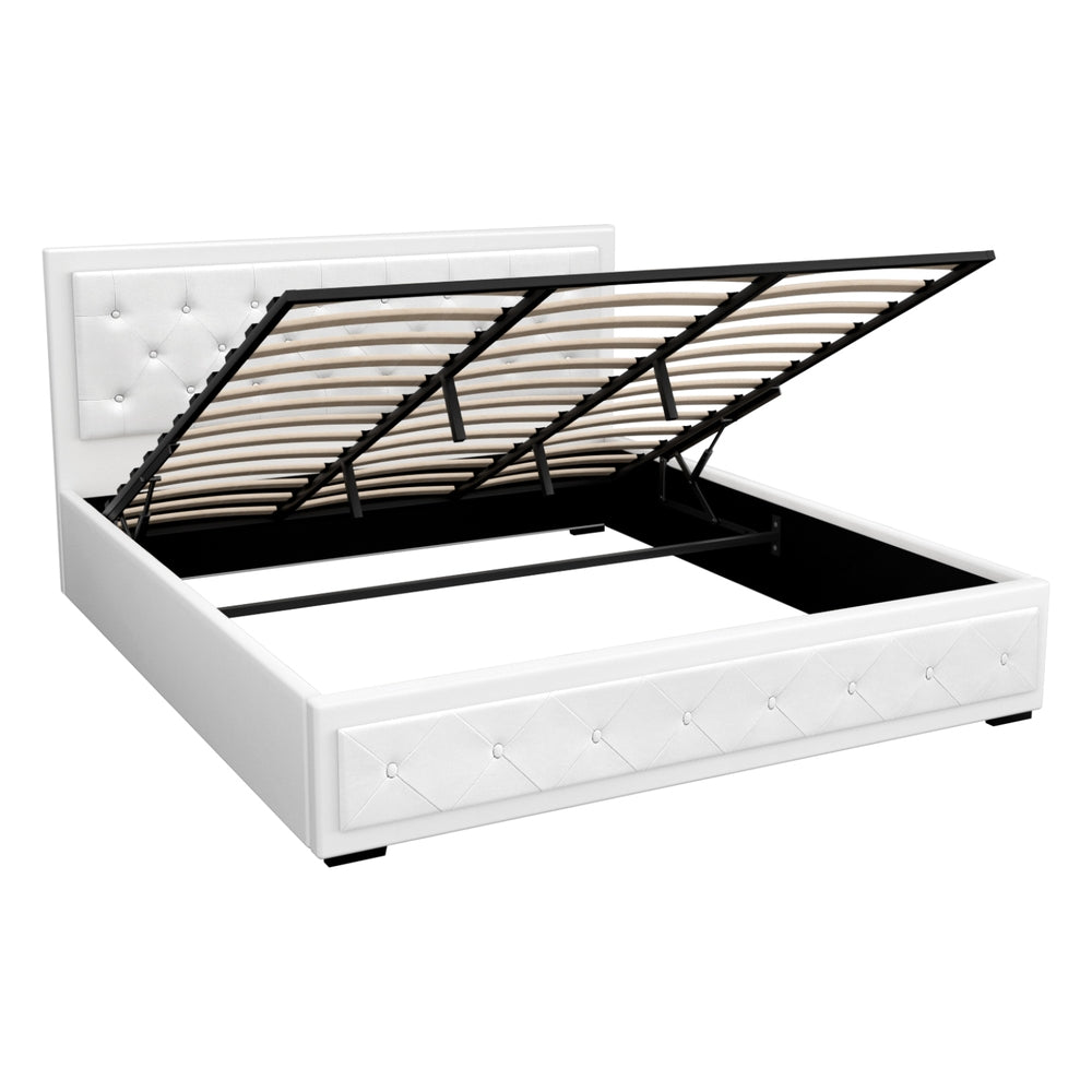 Artiss Bed Frame King Size Gas Lift Base With Storage White Leather Tiyo Collection-Bed Frames-PEROZ Accessories