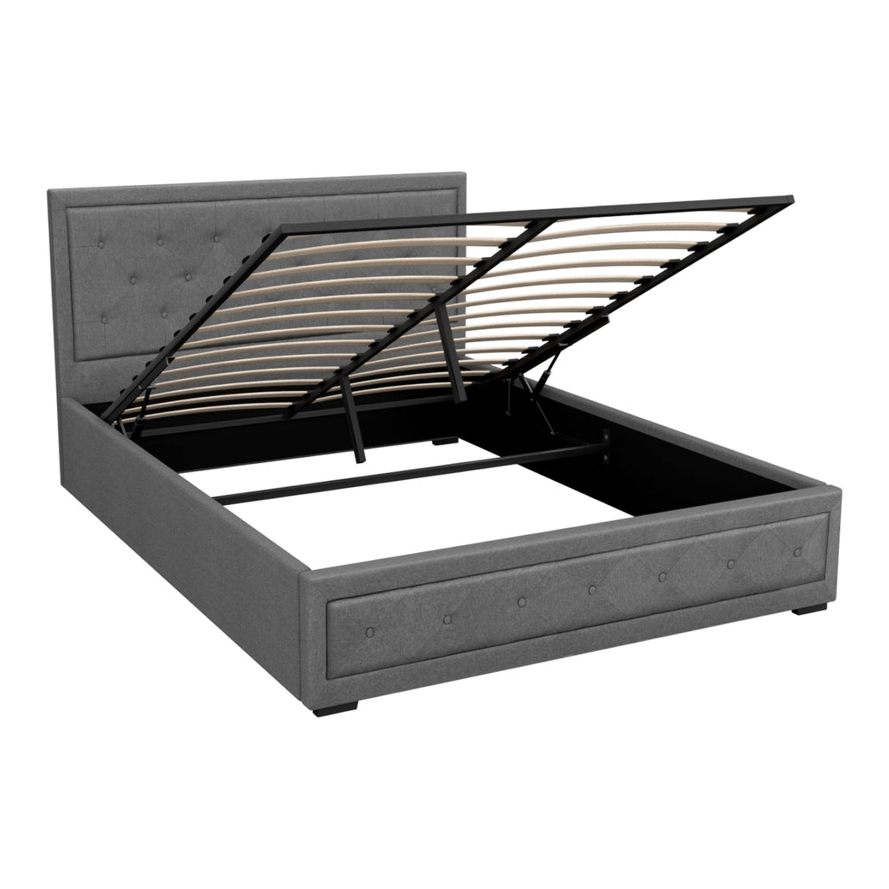 Artiss Tiyo Bed Frame Fabric Gas Lift Storage - Grey Queen-Bed Frames-PEROZ Accessories