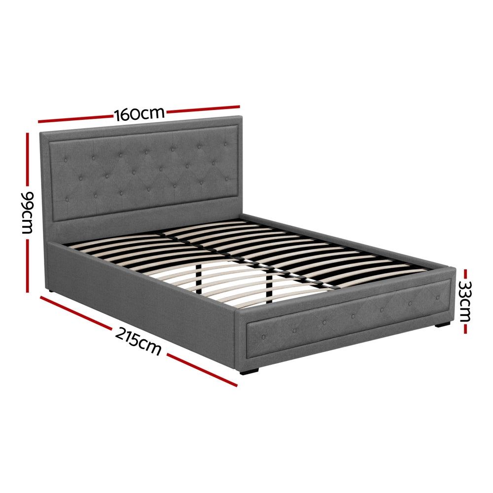 Artiss Tiyo Bed Frame Fabric Gas Lift Storage - Grey Queen-Bed Frames-PEROZ Accessories
