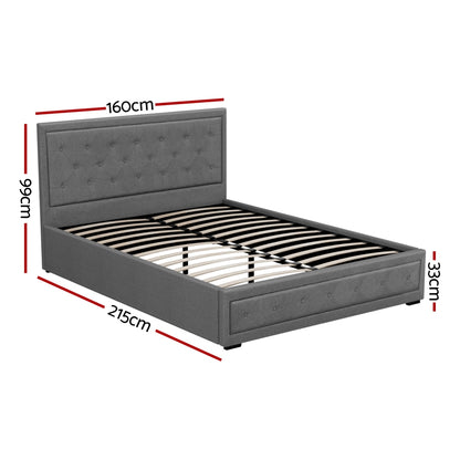 Artiss Tiyo Bed Frame Fabric Gas Lift Storage - Grey Queen-Bed Frames-PEROZ Accessories