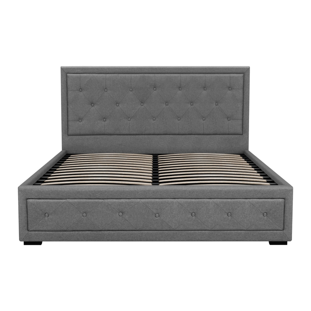 Artiss Tiyo Bed Frame Fabric Gas Lift Storage - Grey Queen-Bed Frames-PEROZ Accessories
